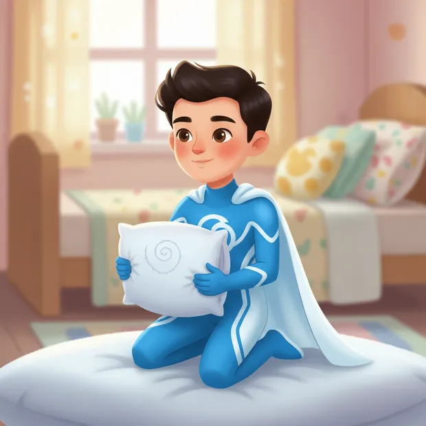 A child character holding a pillow in a warm bedroom story scene